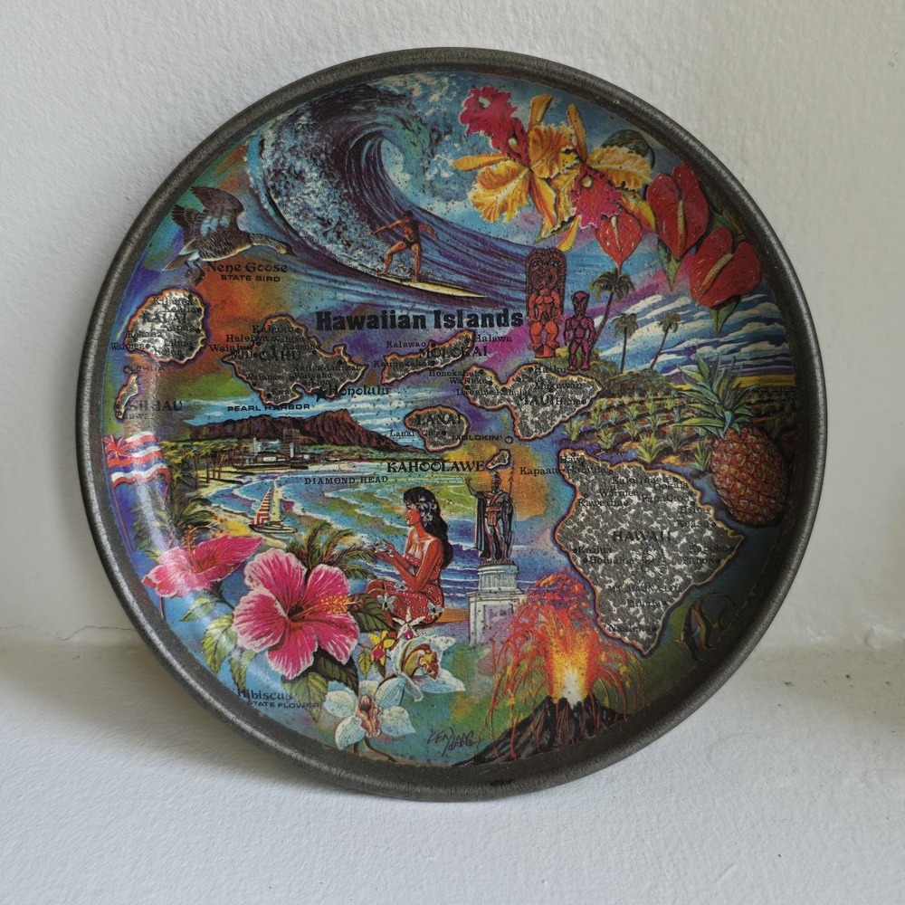 Vintage Hawaiian Islands Souvenir Trinket Tray Round Gold Blue Surfer Map Art